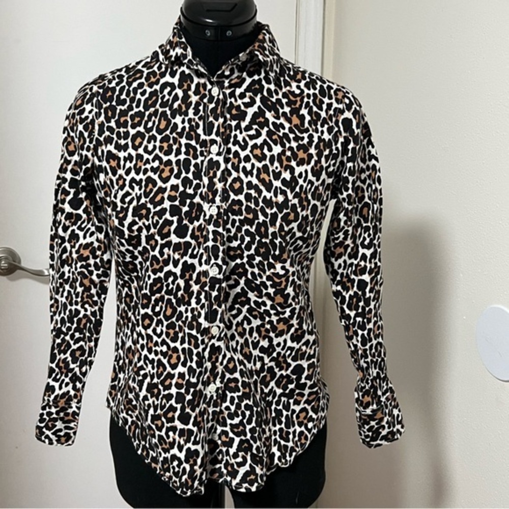 J Crew Leopard Print Linen Blend Button Down Shirt Size 2P